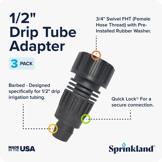 1/2" Drip Tube Adapter with features highlighted on a white background, featuring the brand 'Sprinkland'.