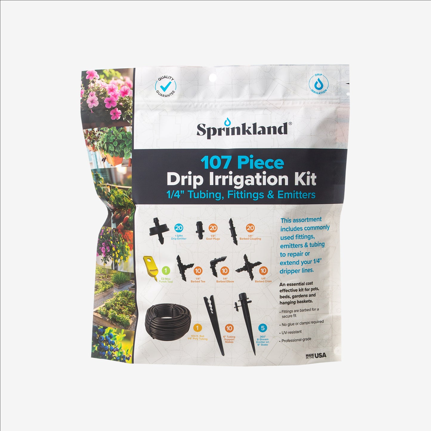 107 Piece Drip Irrigation Kit (1/4" Tubing, Fittings & Emitters)