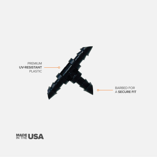A black 1/4" barbed drip tubing tee made of uv resistant plastic, used for routing drip irrigation tubing with descriptive text on white background.