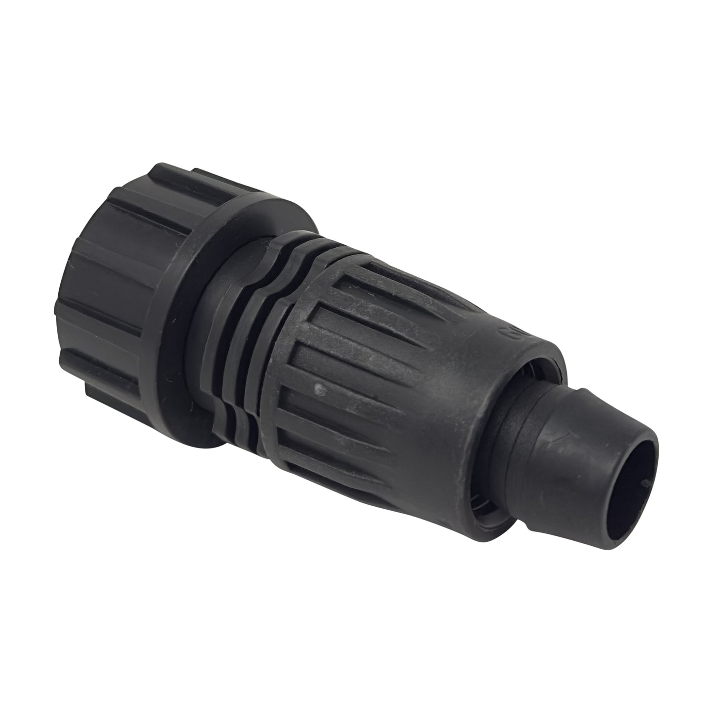 Black 1/2" drip tube adapter by 3/4 garden hose thread on a white background