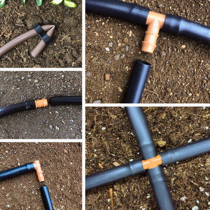 Collage 1/2" drip irrigation fittings installed in 1/2" drip tubing with soil in the background. 