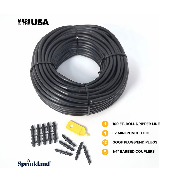 1/4" Dripline Emitter Tubing | 100 Ft Roll | Built-In Emitters Every 6 Inches | Includes Punch Tool & 1/4" Connector Fittings | 1/2 GPH Emitters