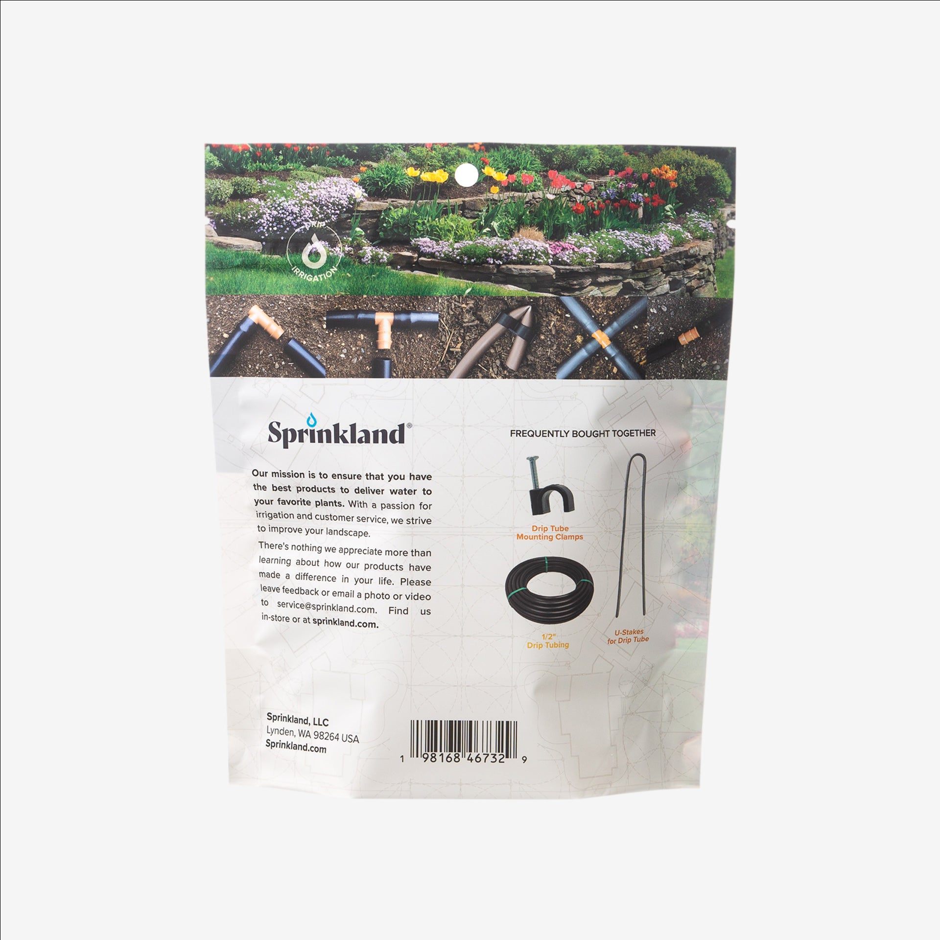 The back side of the packaging drip irrigation kit with 1/2" drip fittings and Sprinkland branding. 