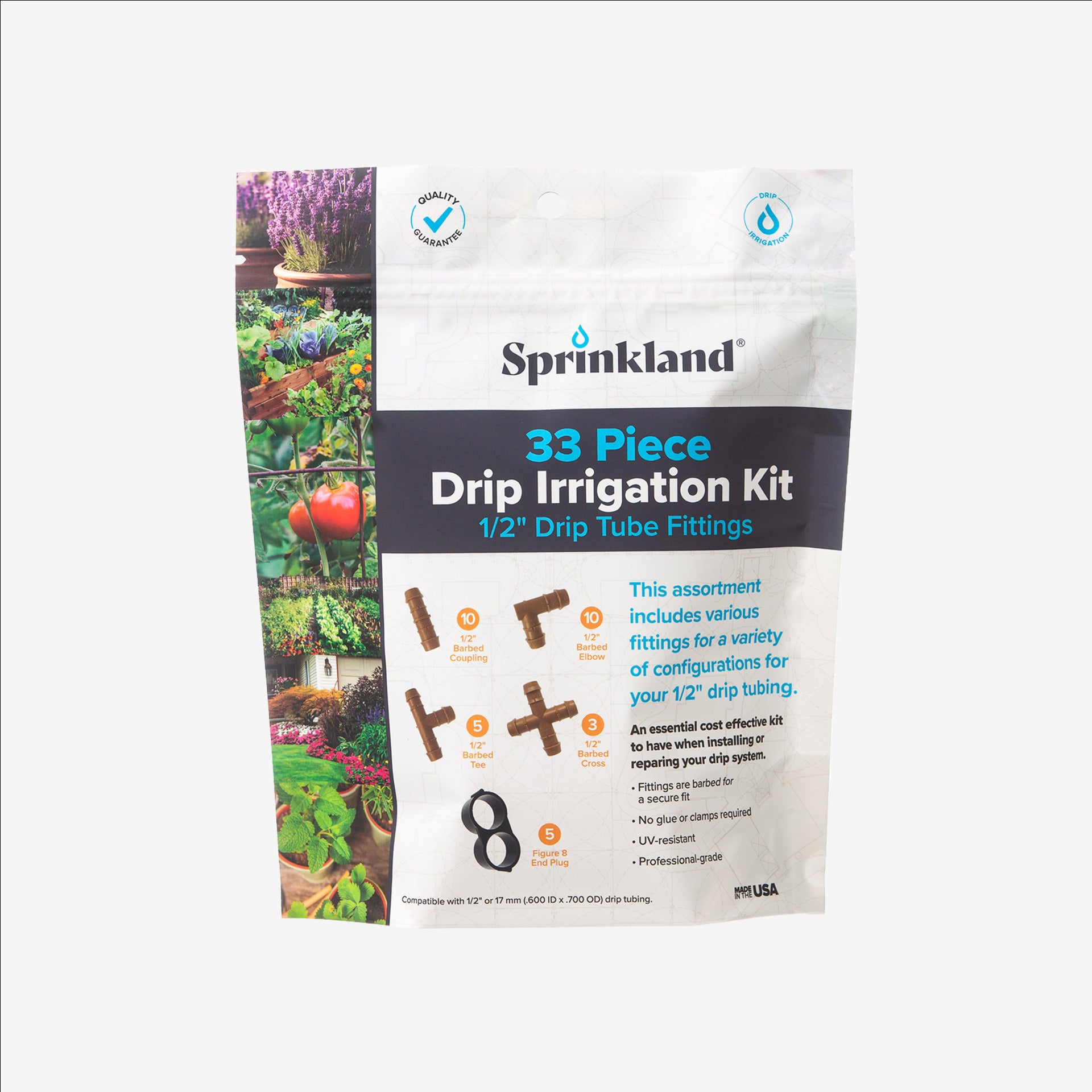 A 33 piece 1/2" drip irrigation kit packaging with fittings visible on the front, labeled for 1/2 inch drip tubing, with a green garden and plants in the background.