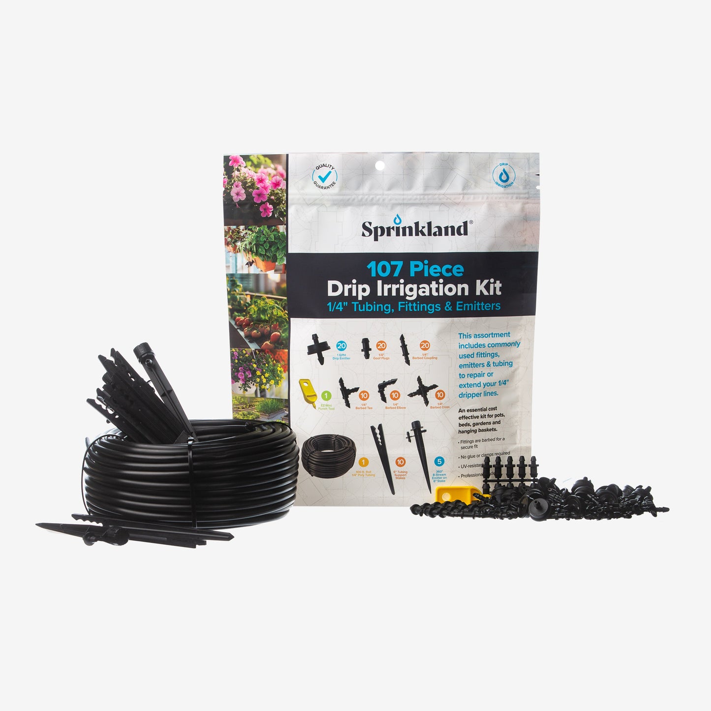 107 Piece Drip Irrigation Kit (1/4" Tubing, Fittings & Emitters)