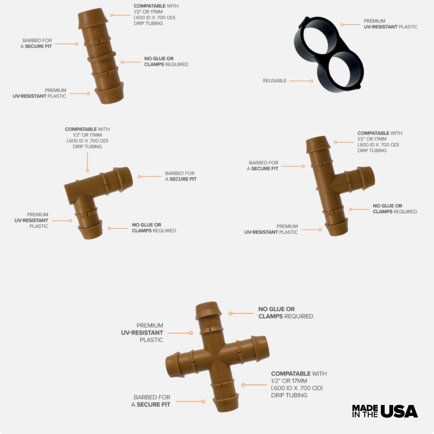 1/2" drip fittings on a white background with text indicating compatibility and features. Made in the USA.