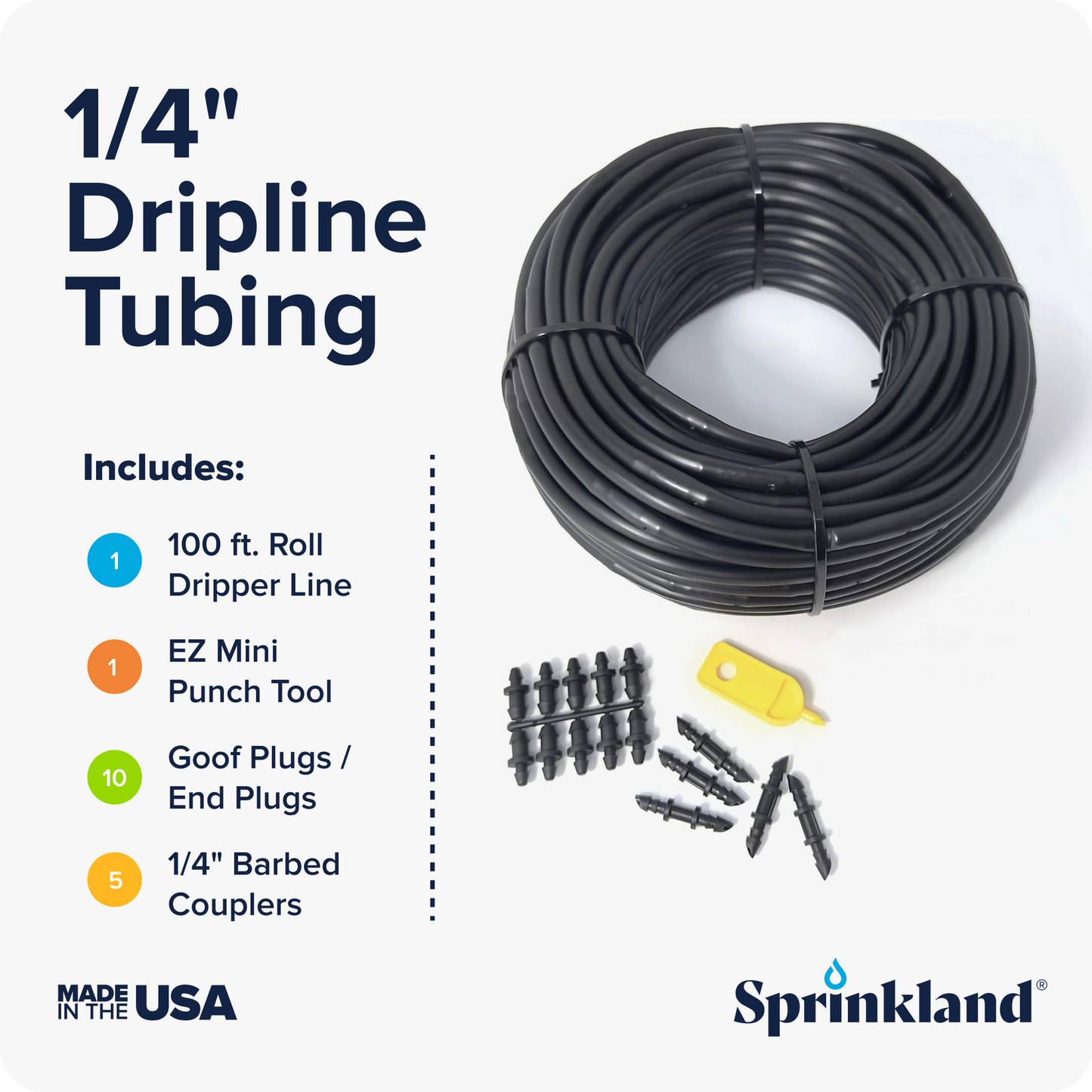 1/4" Dripline Emitter Tubing | 100 Ft Roll | Built-In Emitters Every 6 Inches | Includes Punch Tool & 1/4" Connector Fittings | 1/2 GPH Emitters