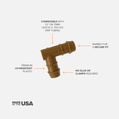 A brown 1/2" barbed drip tube elbow fitting with features described on white background. 