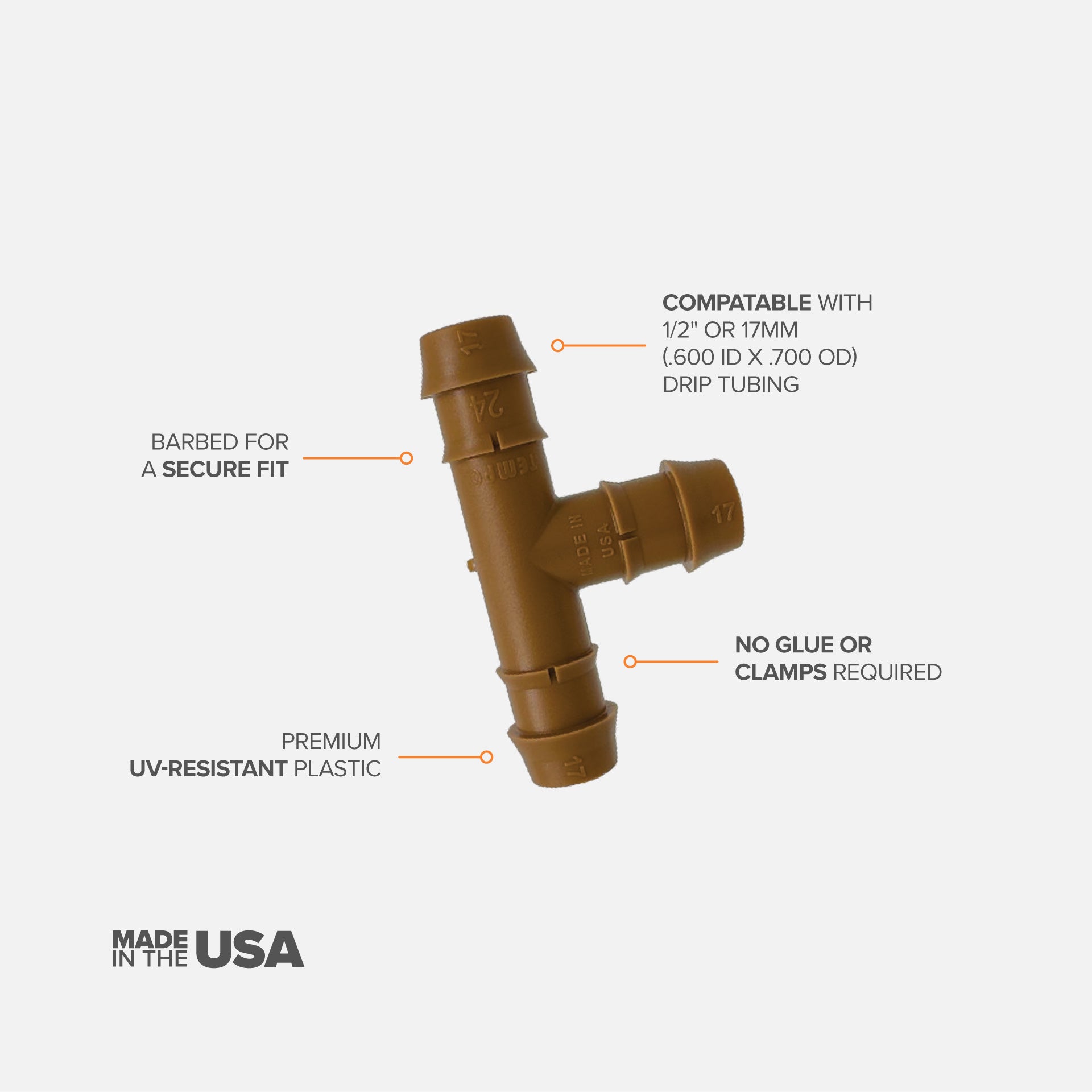 A brown 1/2" barbed drip tube tee fitting with features described on white background. 