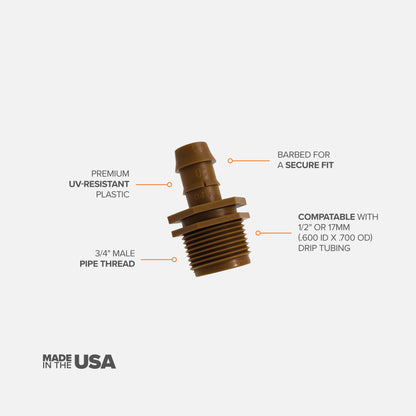 A brown barbed drip tube adapter with a 3/4-inch threaded connection with features described on white background. 