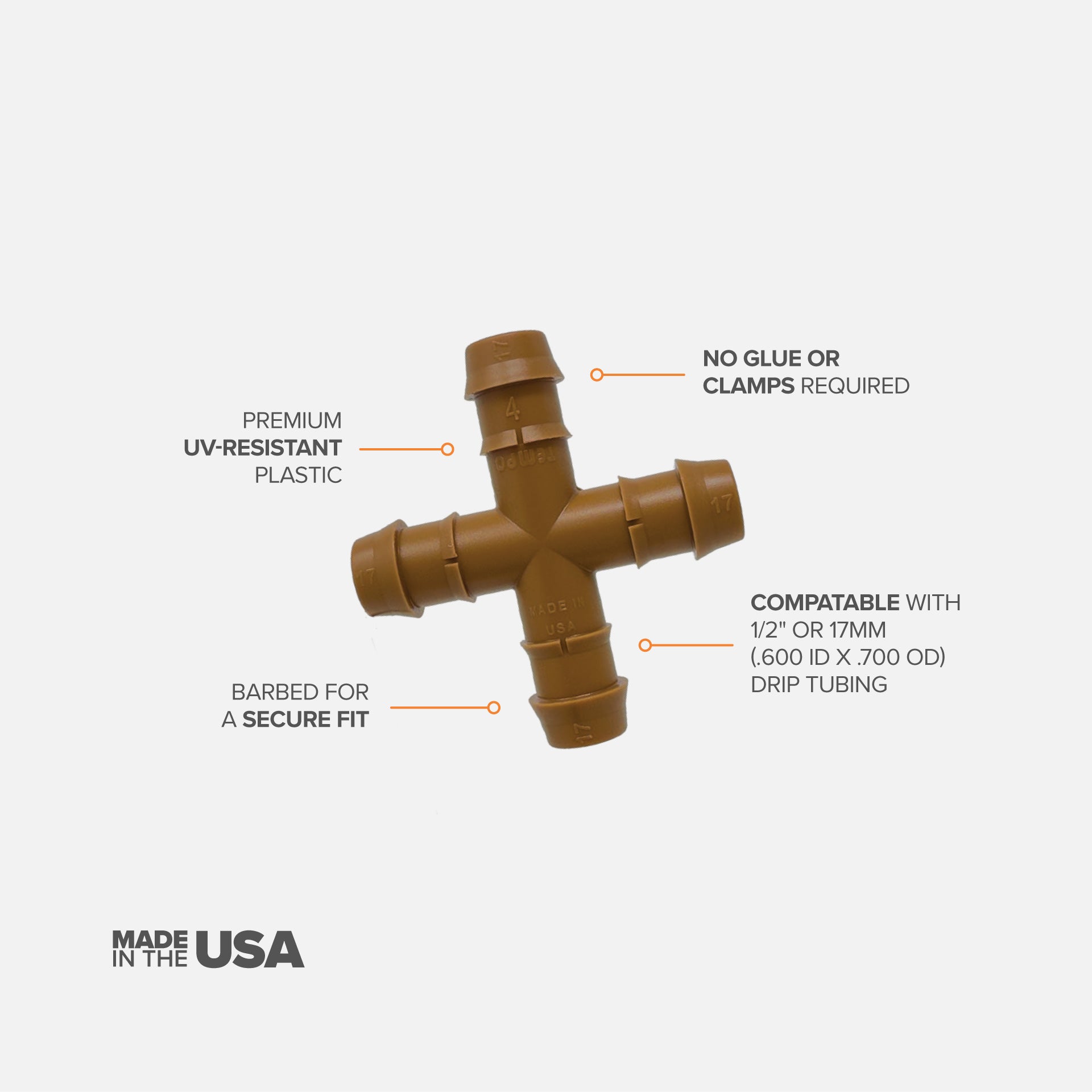 A brown barbed drip tube cross with features described on white background. 