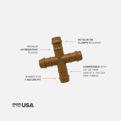 A brown barbed drip tube cross with features described on white background. 