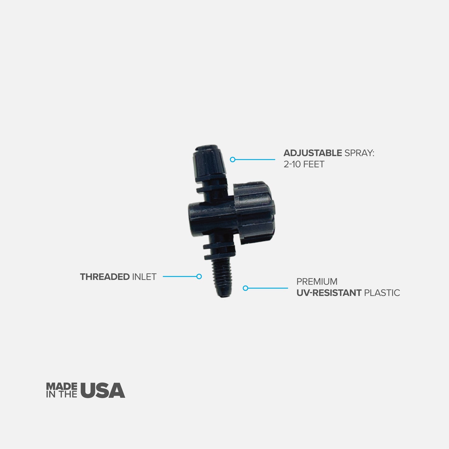 A black 90-degree spray head with adjustable flow, designed for use in lawn and garden irrigation systems on white background. 