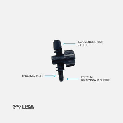 A black 90-degree spray head with adjustable flow, designed for use in lawn and garden irrigation systems on white background. 