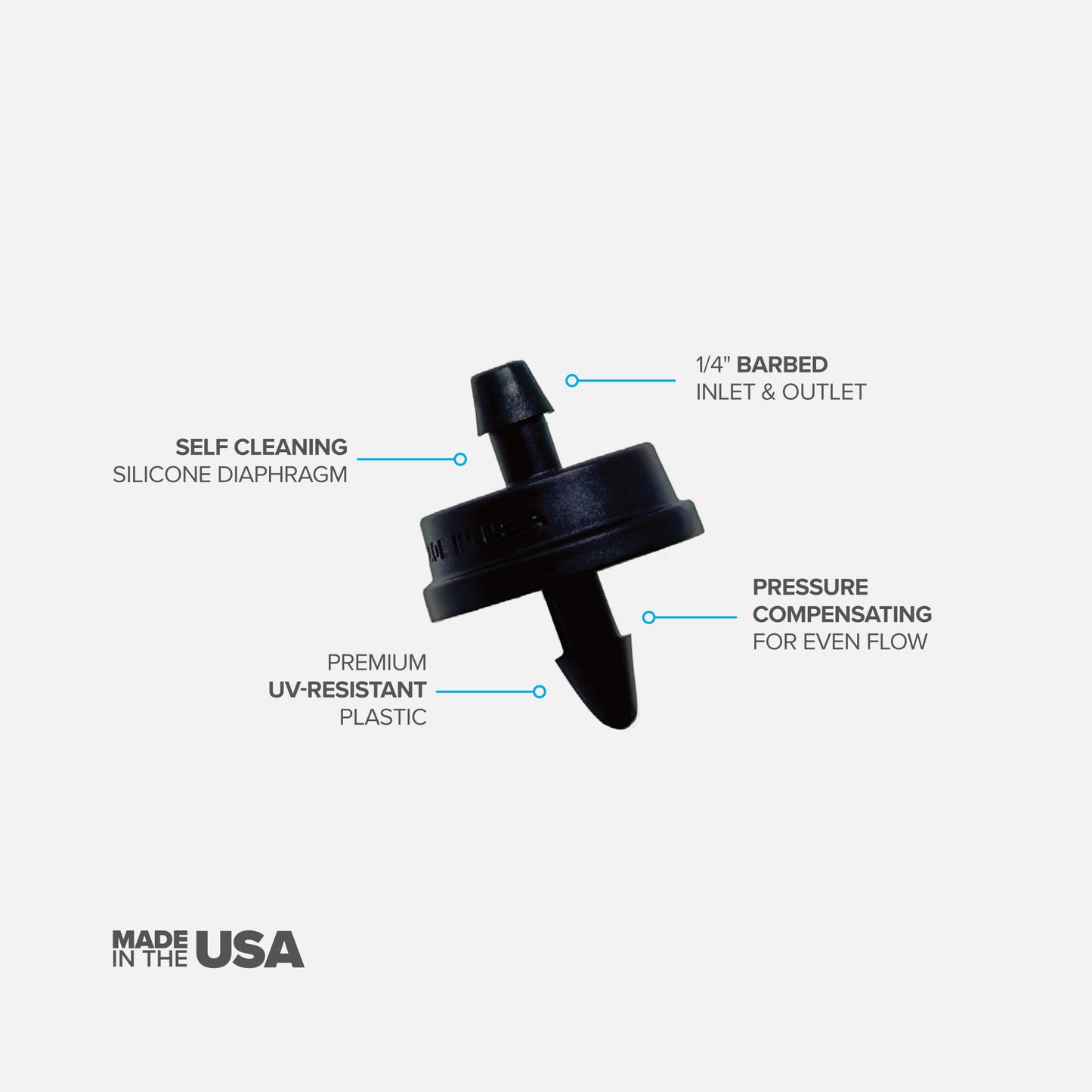 A black, plastic 1 GPH drip emitter for sprinklers with a 1/4" barb inlet and outlet, color-coded for flow rate identification on white background. 