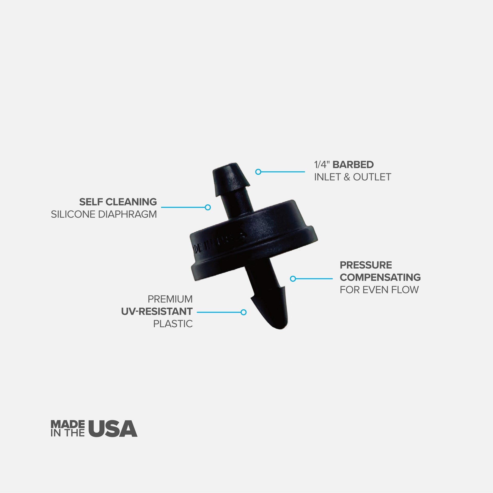 A black, plastic 1 GPH drip emitter for sprinklers with a 1/4" barb inlet and outlet, color-coded for flow rate identification on white background. 