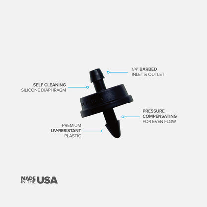 A black, plastic 1 GPH drip emitter for sprinklers with a 1/4" barb inlet and outlet, color-coded for flow rate identification on white background. 