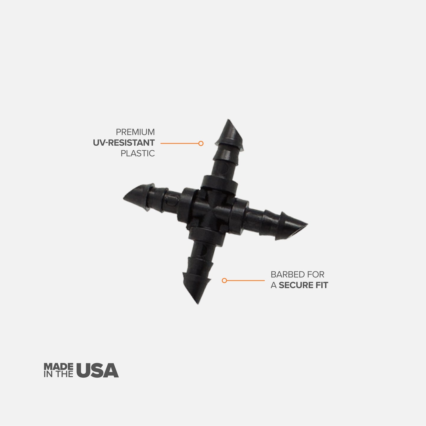 A black 1/4" barbed drip tubing cross cross made of uv resistant plastic, used for routing dripper lines in multiple directions with descriptive text on white background. 