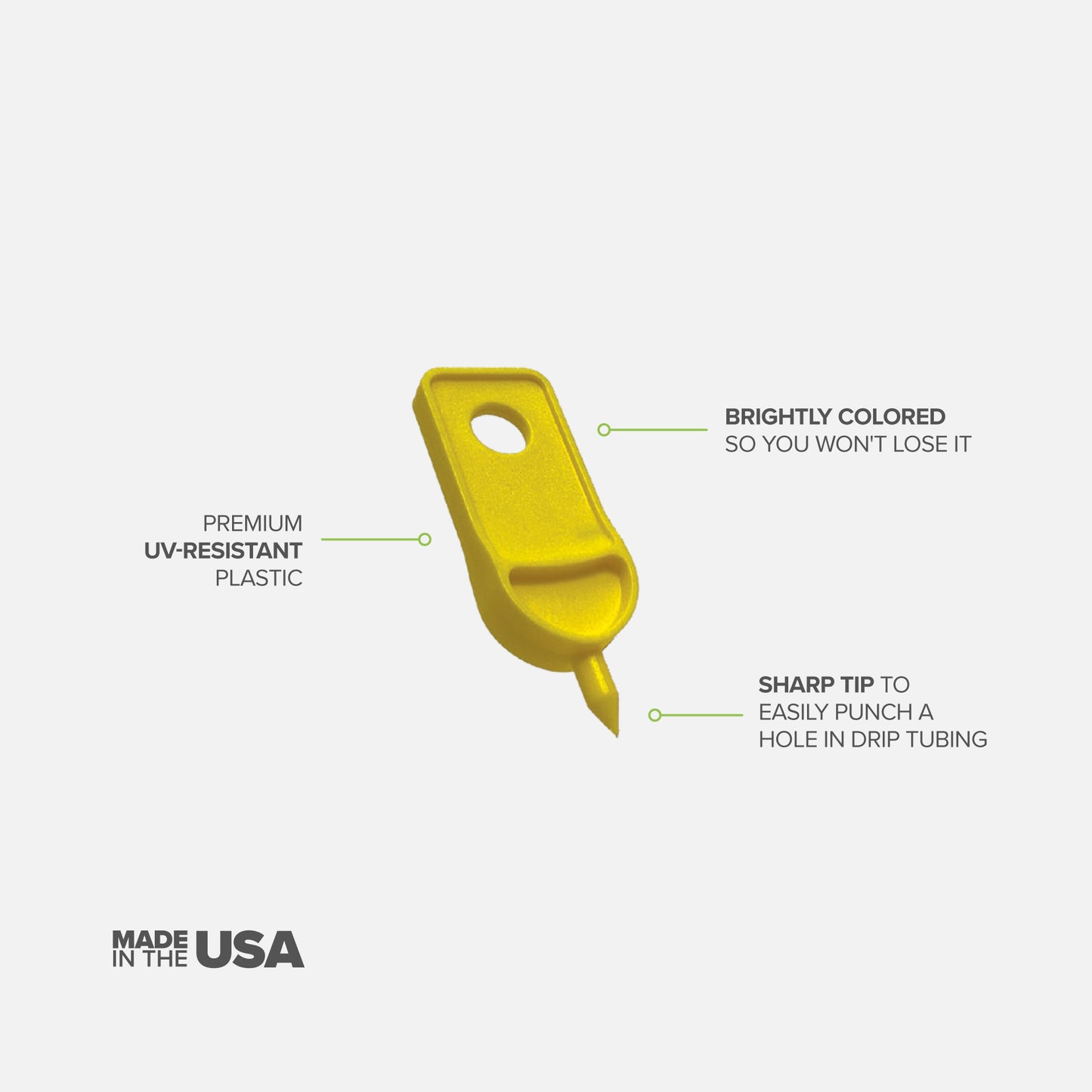 Yellow drip irrigation tool with features highlighted on a white background