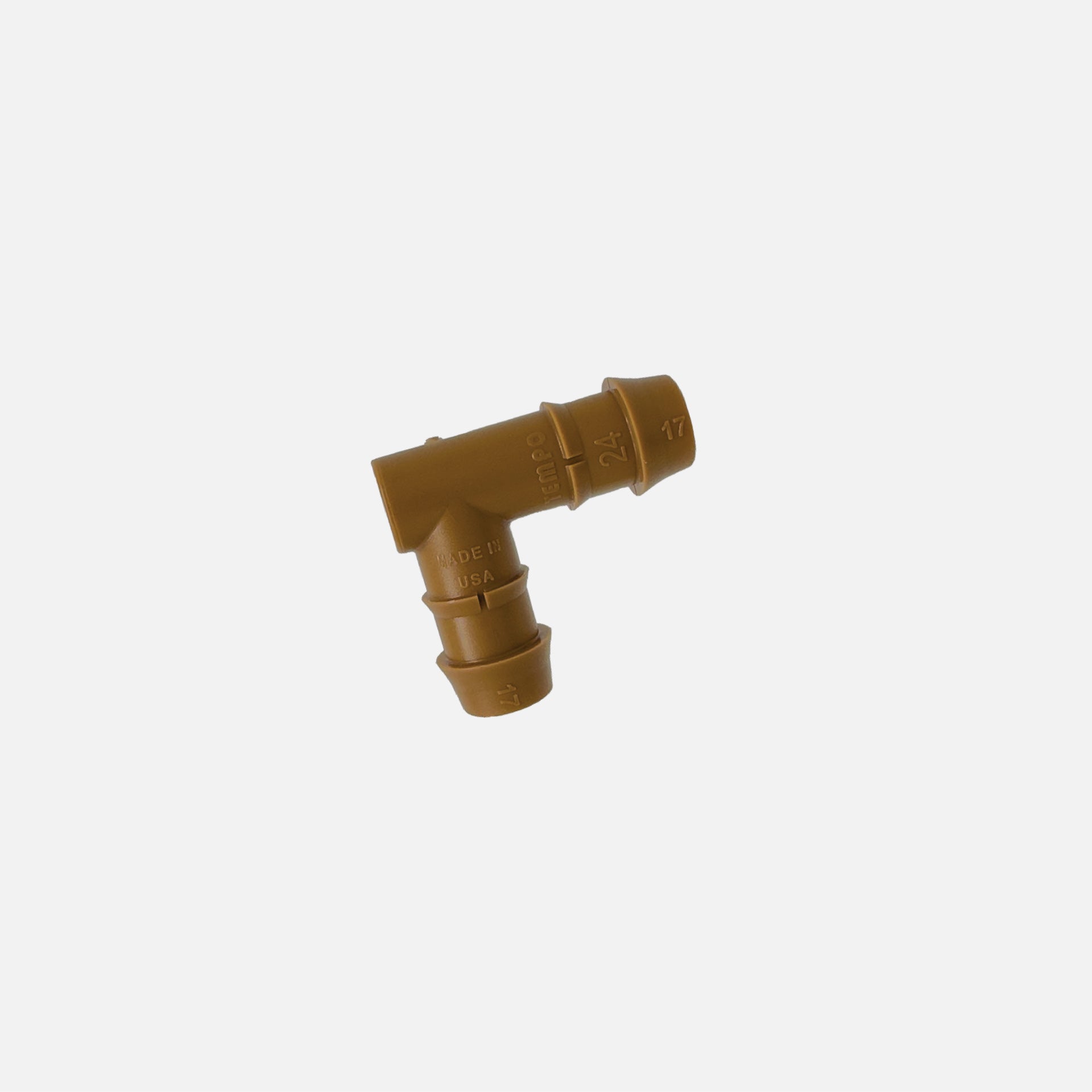 A brown 1/2" barbed drip tube elbow fitting on white background. 
