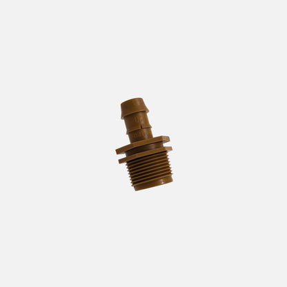 A brown barbed 1/2" drip tube adapter with a 3/4-inch threaded connection.