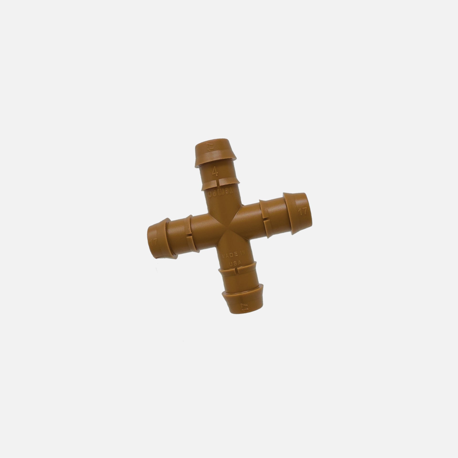 A brown 1/2" barbed drip tube cross with on a white background