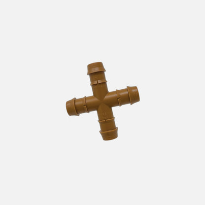 A brown 1/2" barbed drip tube cross with on a white background