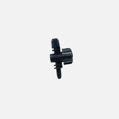 A black 90-degree spray head with adjustable flow, designed for use in lawn and garden irrigation systems.