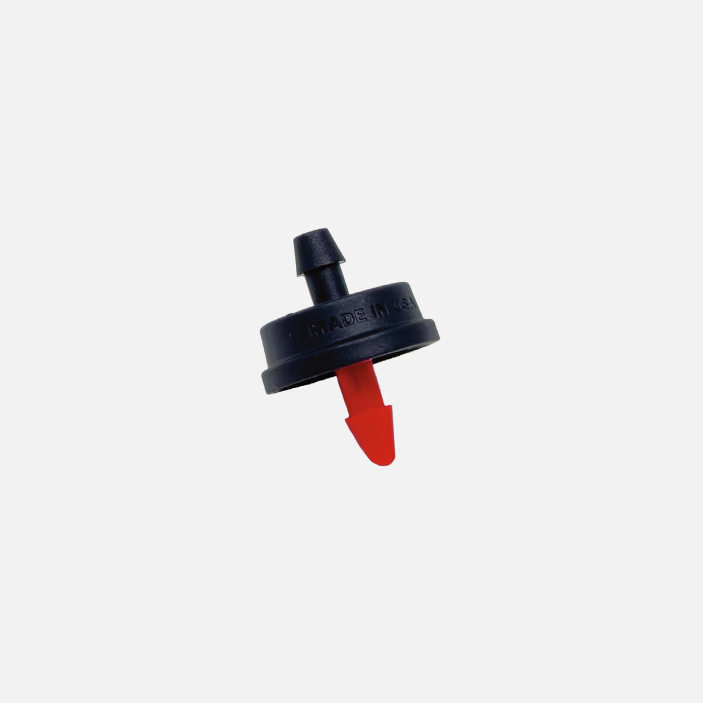 A black and red, plastic 1/2 GPH drip emitter for sprinklers with a 1/4" barb inlet and outlet, color-coded for flow rate identification on white background. 