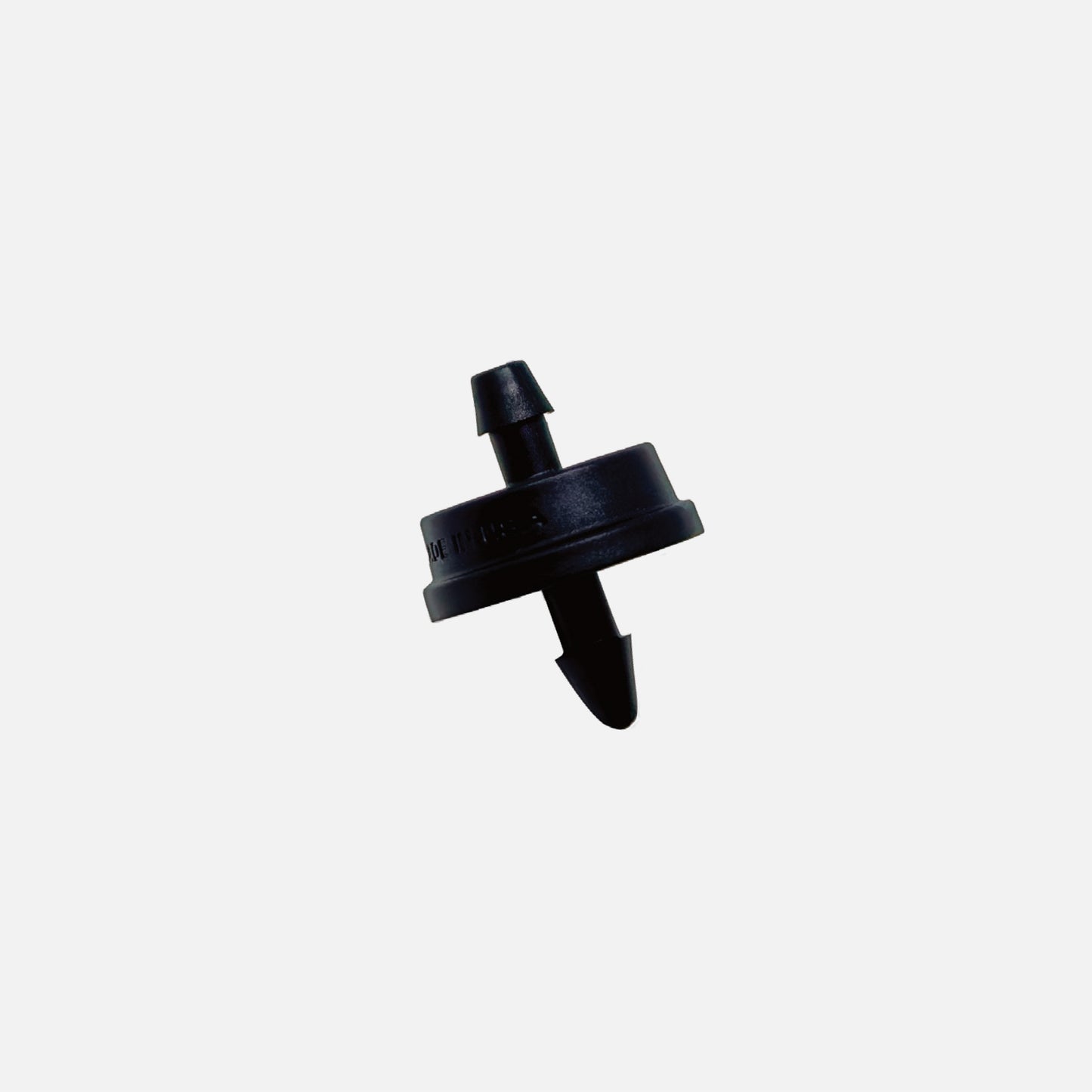 A black, plastic 1 GPH drip emitter for sprinklers with a 1/4" barb inlet and outlet, color-coded for flow rate identification.
