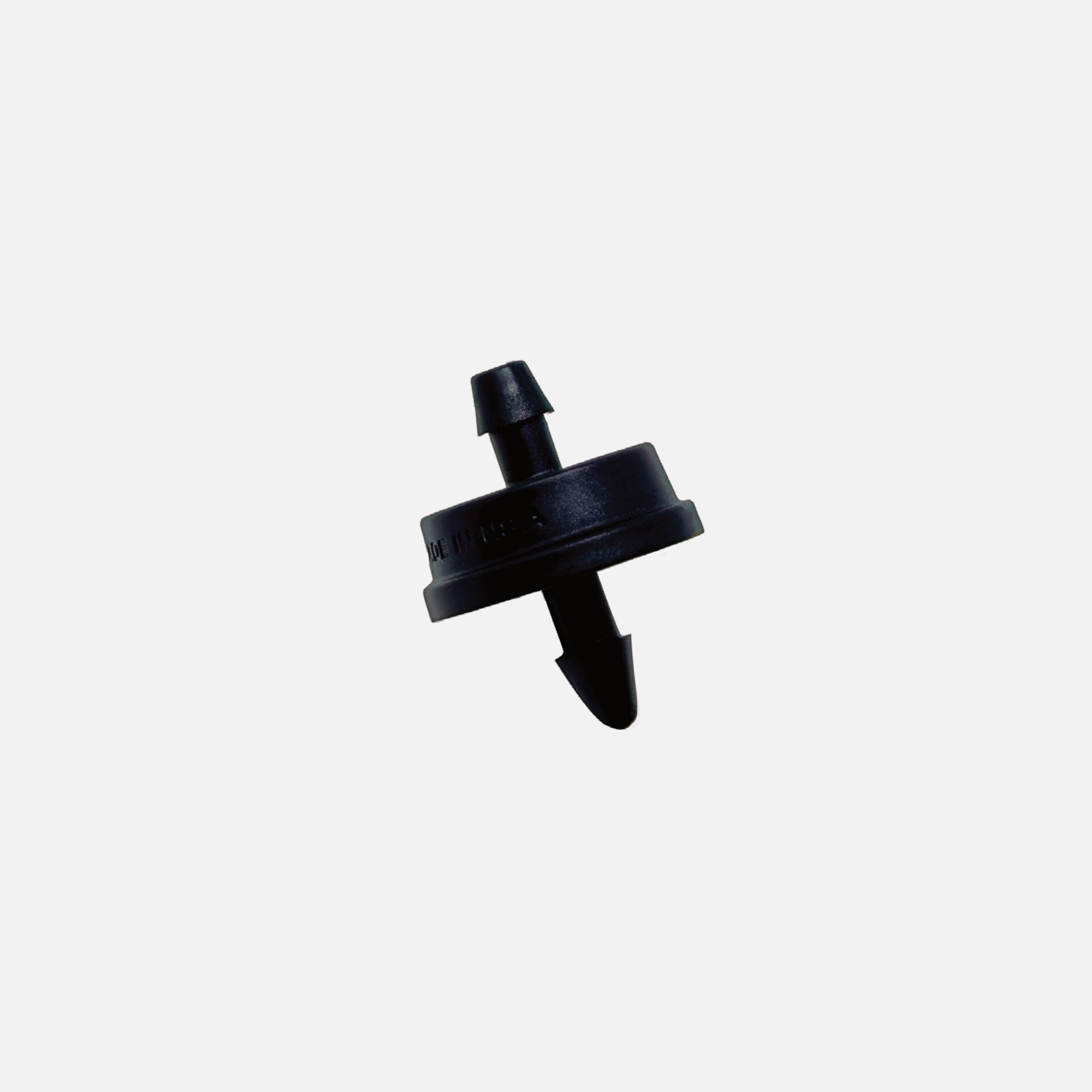 A black, plastic 1 GPH drip emitter for sprinklers with a 1/4" barb inlet and outlet, color-coded for flow rate identification.