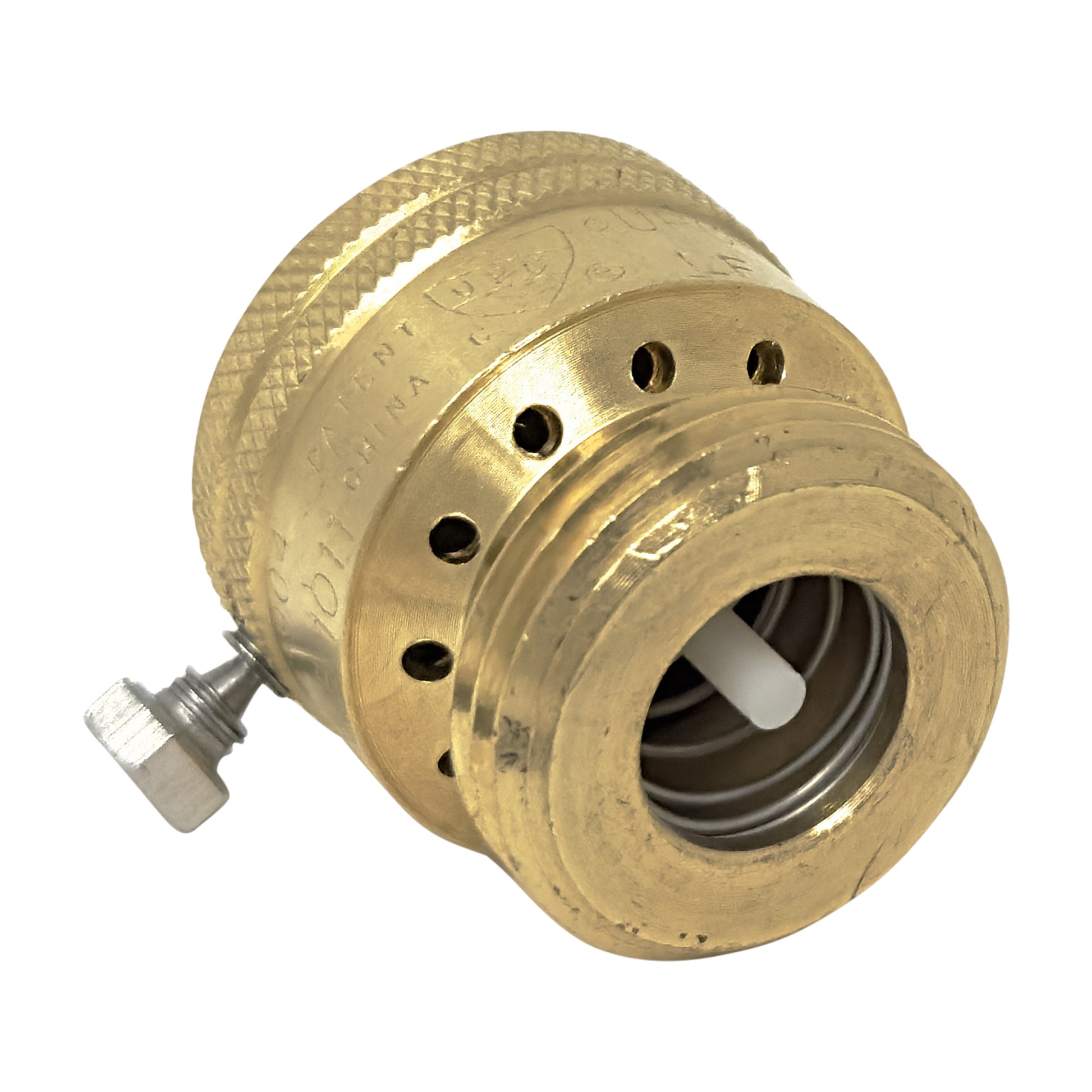 Drip irrigation brass vacuum breaker on white background. 