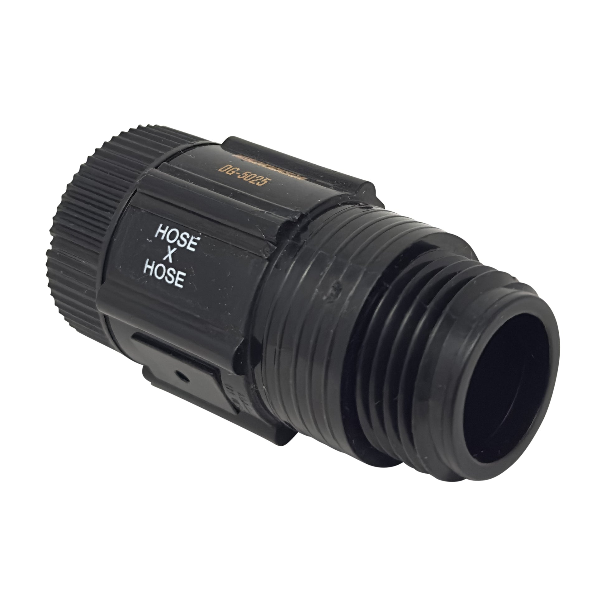 Black drip irrigation pressure regulator connector on a white background