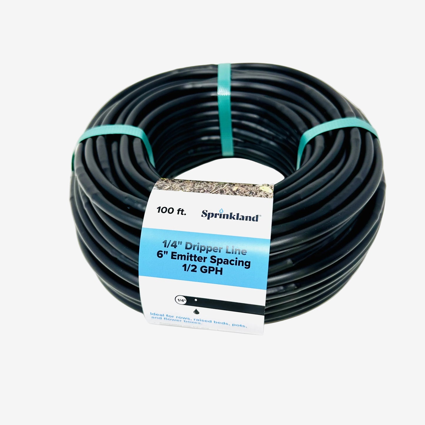 Roll of black dripline drip irrigation tubing with a label on a white background