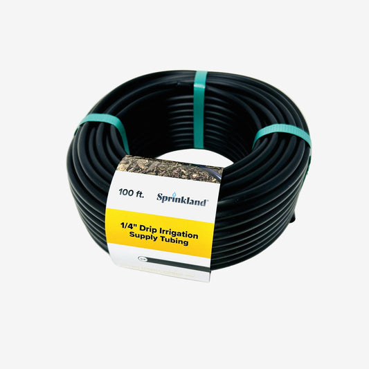Spool of Sprinkland drip irrigation tubing with a label on a white background