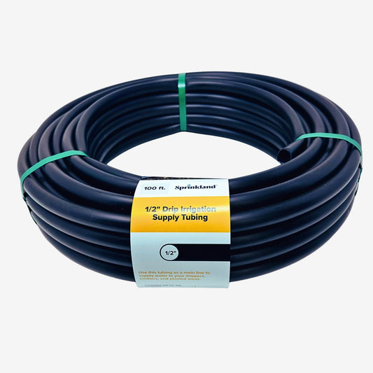 Sprinkland 1/2" coiled drip irrigation supply tubing with a label on a white background