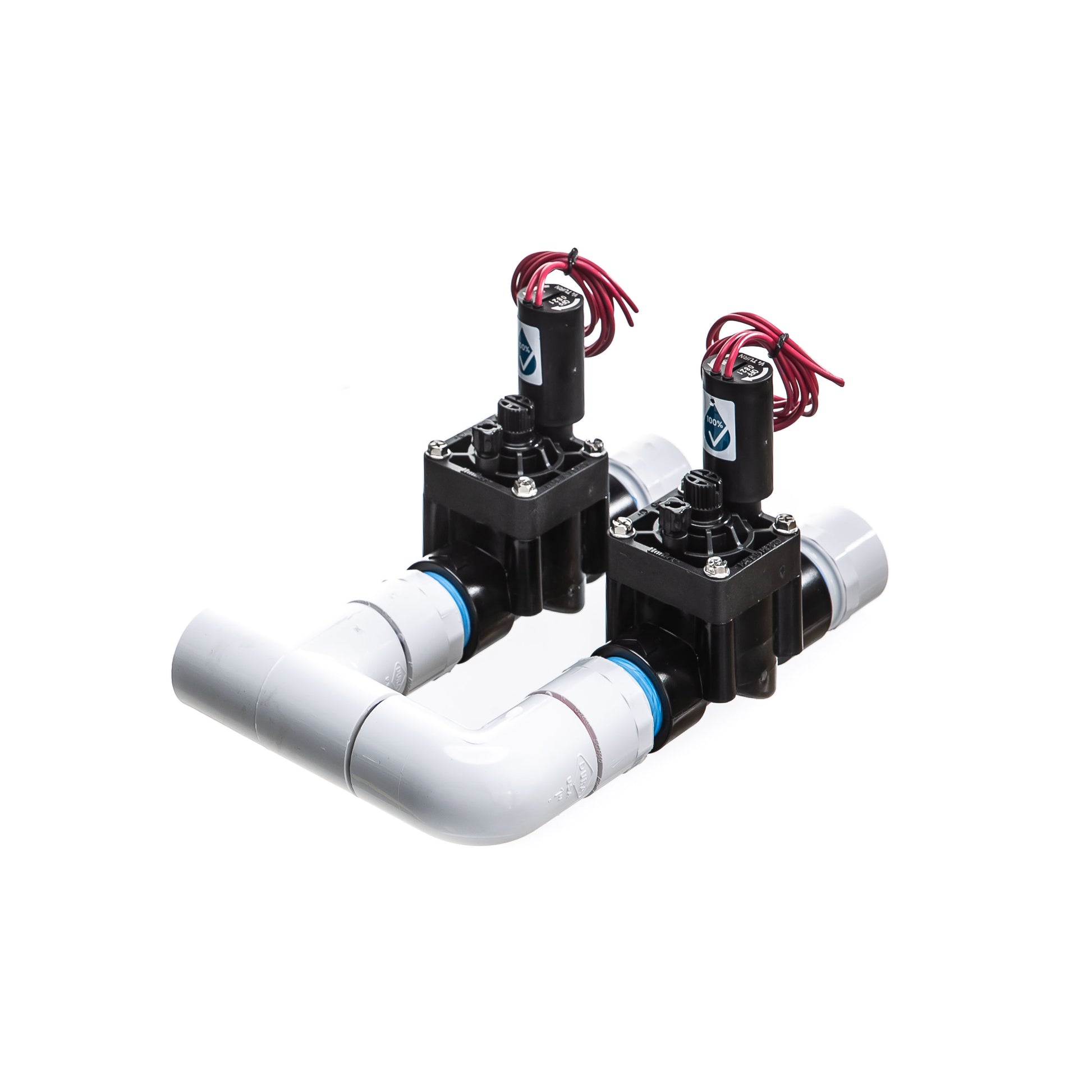 A rear view of the preassembled 2-Zone Complete Manifold with Hunter® PGV Valves with included silicone filled wire nuts.