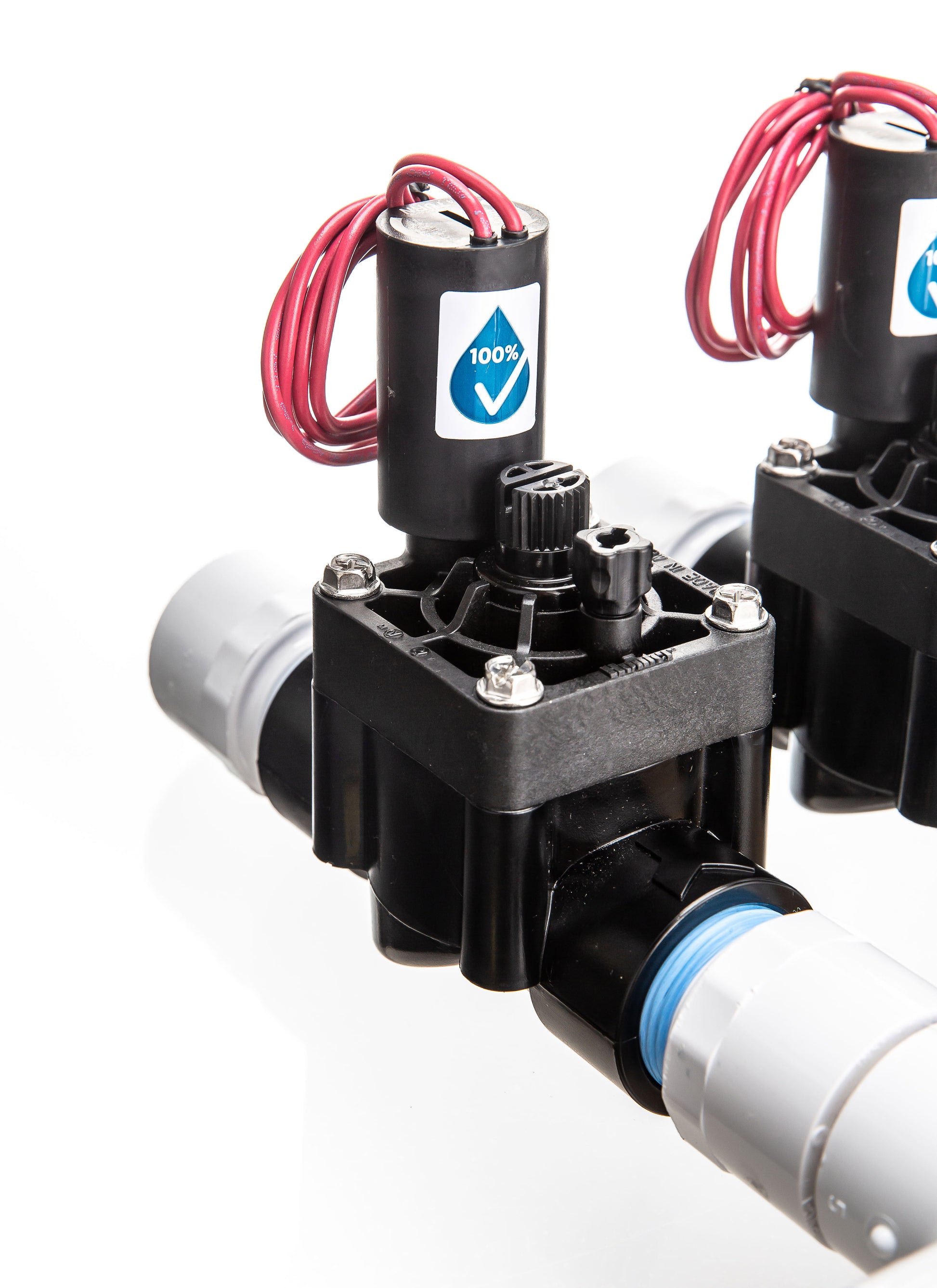 A close up view of the preassembled 2-Zone Complete Manifold with Hunter® PGV Valves with included silicone filled wire nuts.