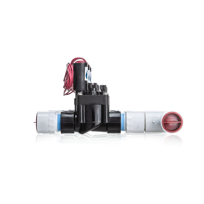 A side view of the preassembled 2-Zone Complete Manifold with Hunter® PGV Valves with included silicone filled wire nuts.