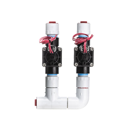 A top view of the preassembled 2-Zone Complete Manifold with Hunter® PGV Valves with included silicone filled wire nuts.