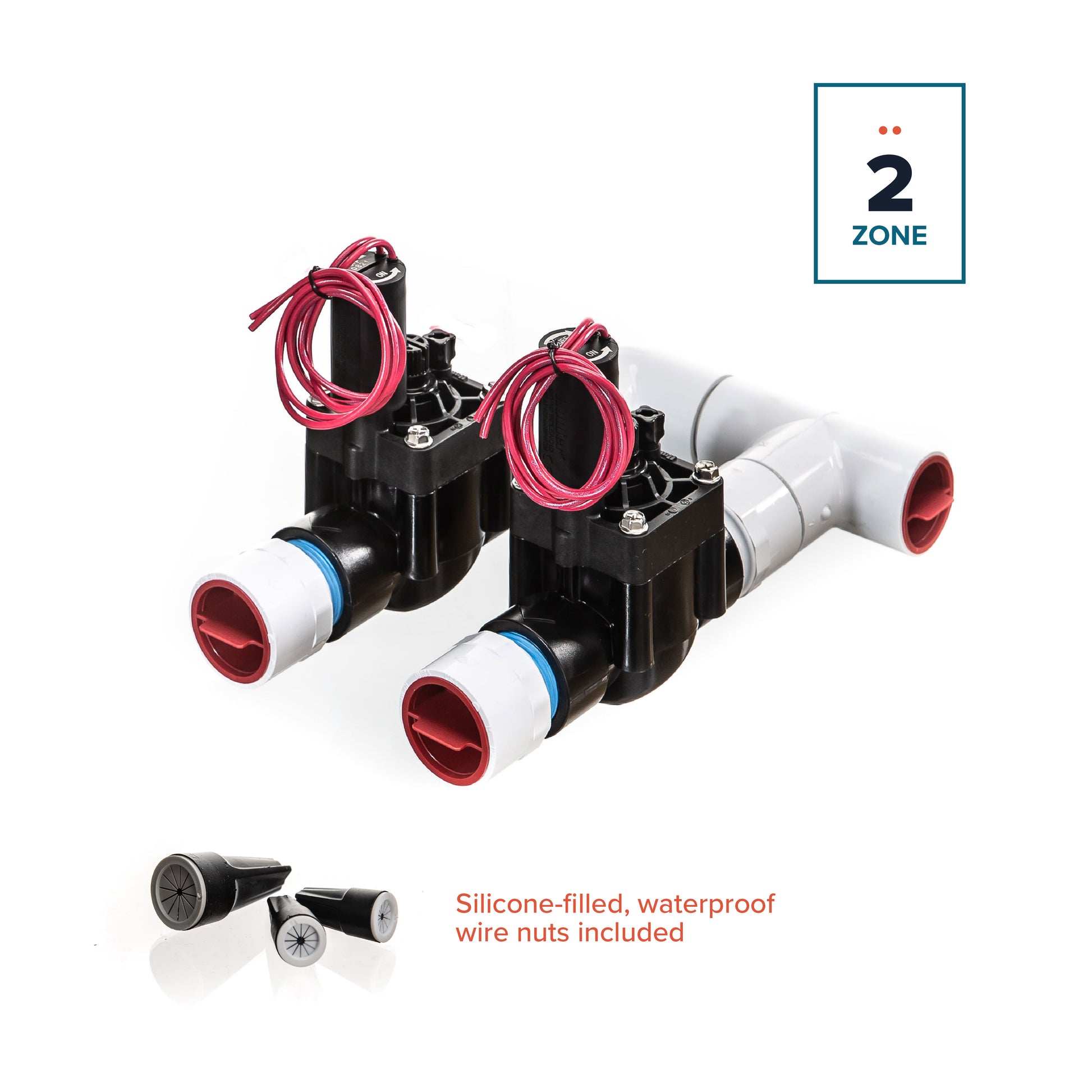 A full view of the preassembled 2-Zone Complete Manifold with Hunter® PGV Valves with included silicone filled wire nuts.