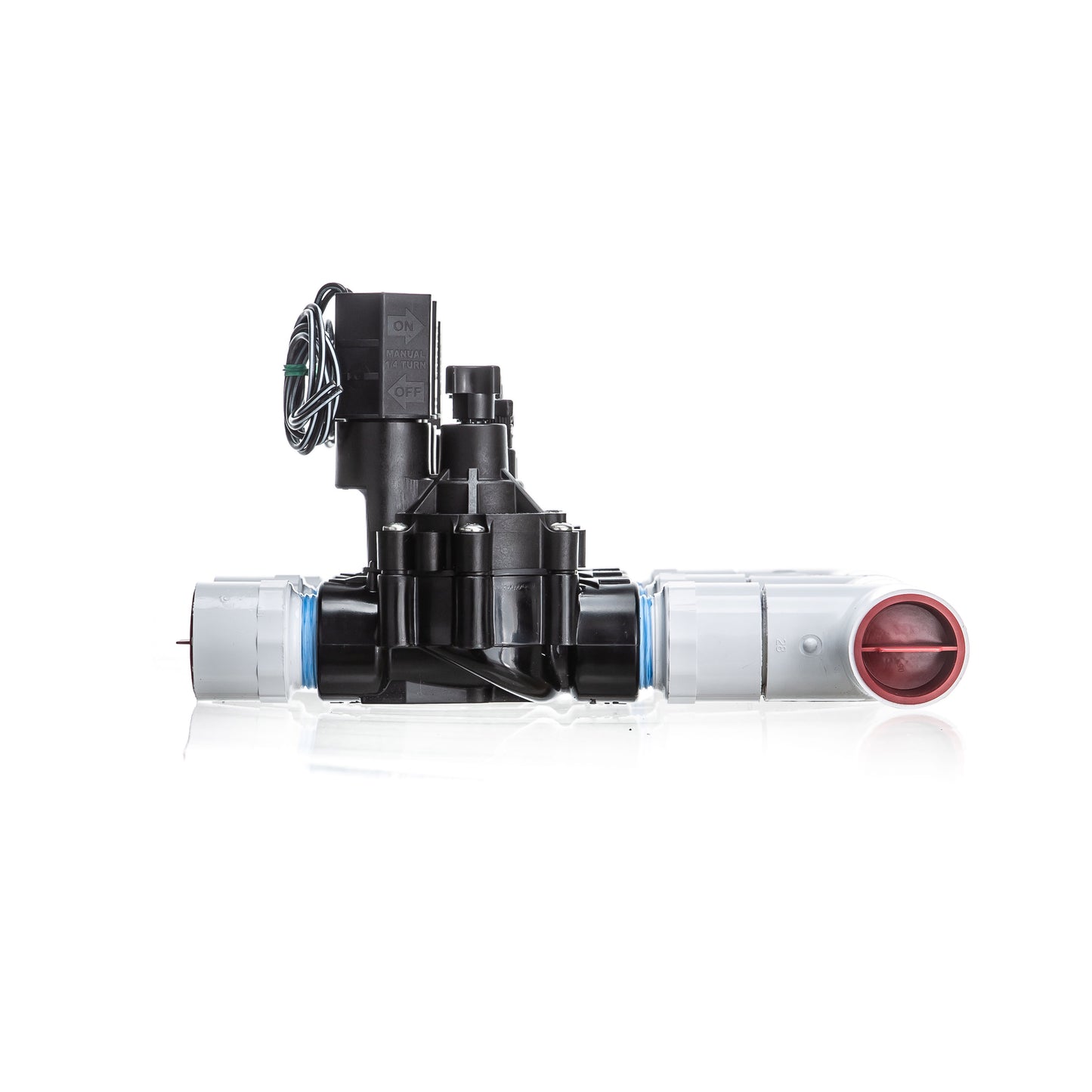 A side view of the 3-Zone Complete Manifold with Rain Bird® DVF Valves with included silicone filled wire nuts. 