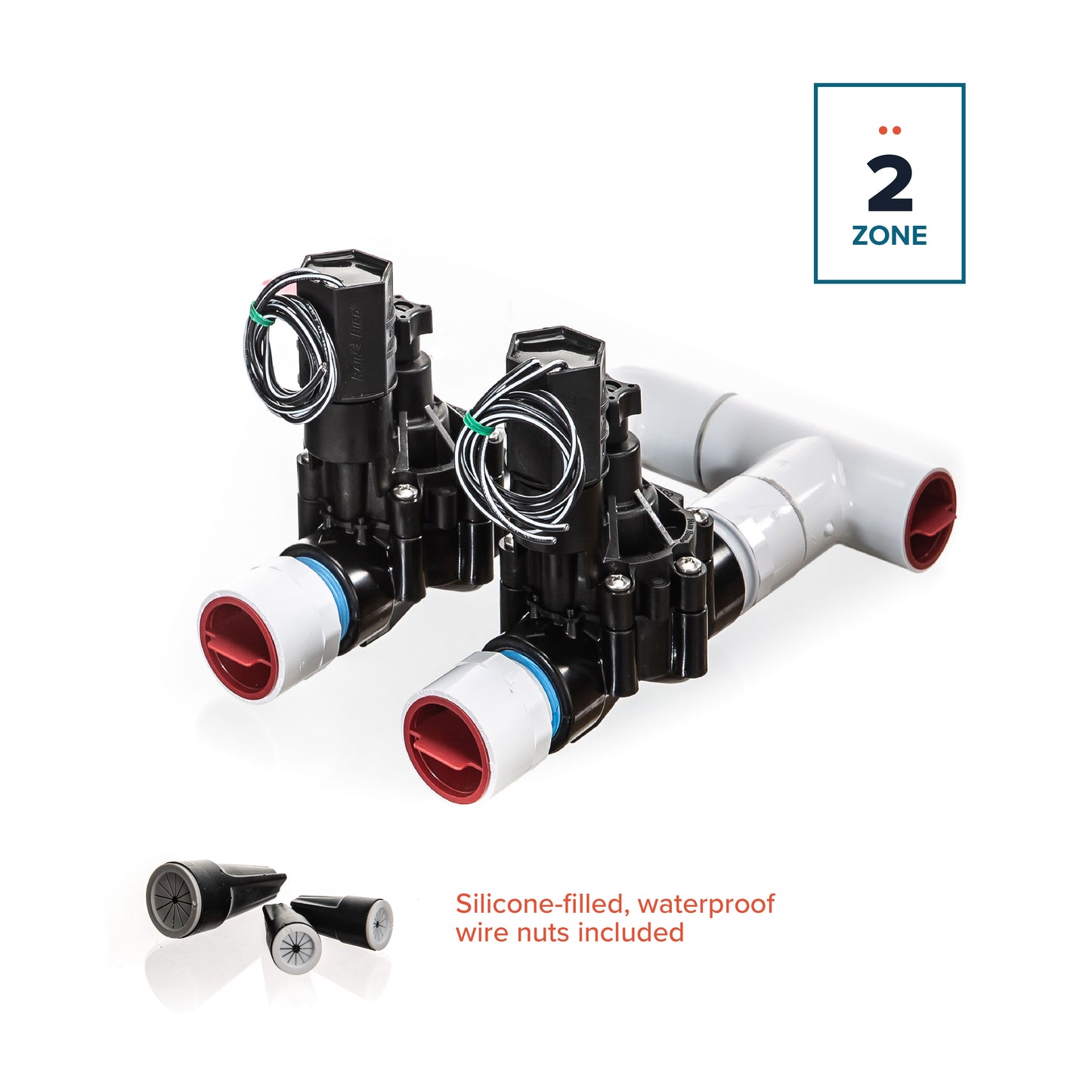A full view of the 2-Zone Complete Manifold with Rain Bird® DVF Valves with included silicone filled wire nuts. 