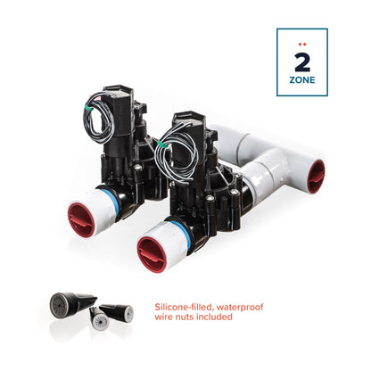 A full view of the 2-Zone Complete Manifold with Rain Bird® DVF Valves with included silicone filled wire nuts. 