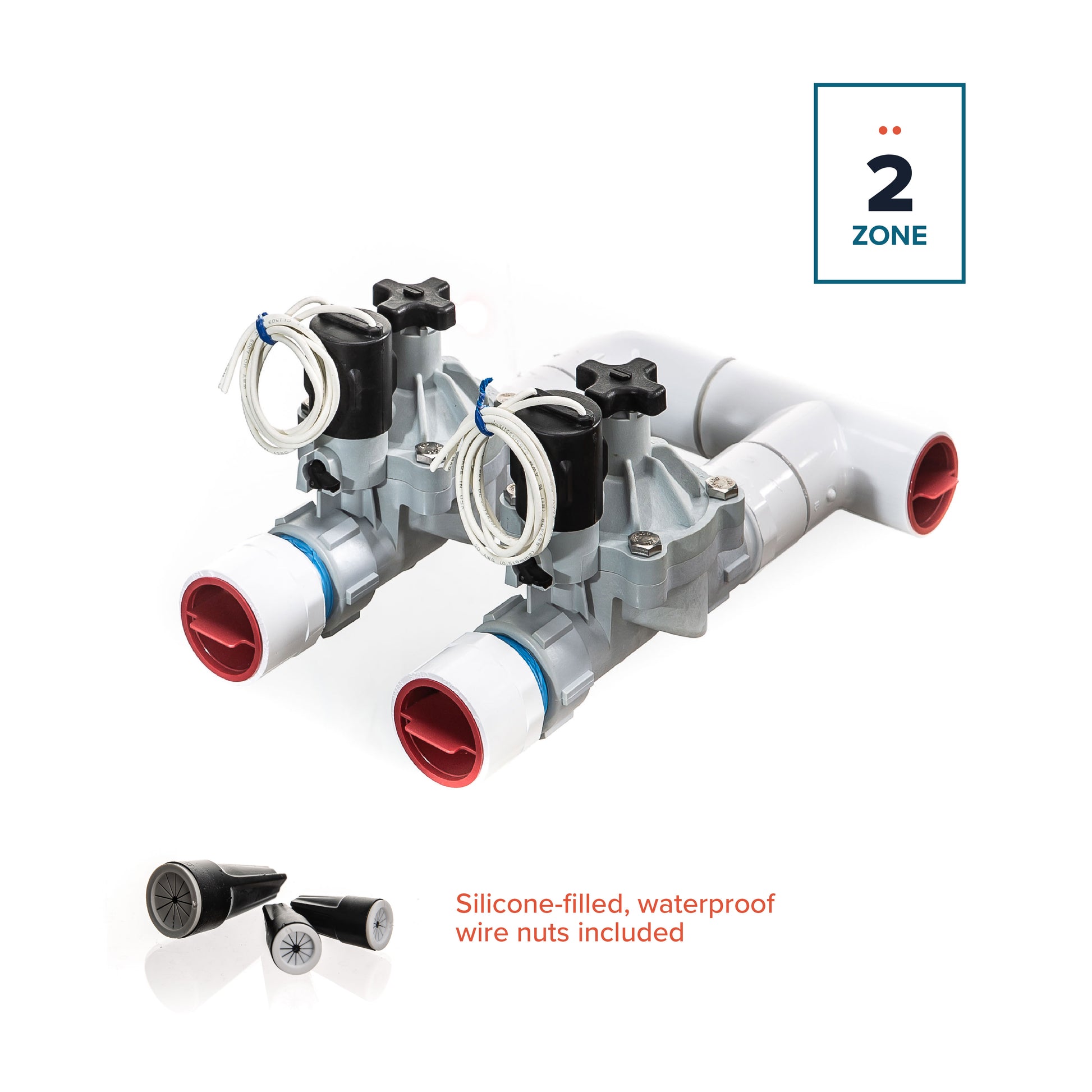 A overview of the 2-zone Sprinkland preassembled sprinkler manifold with Weathermatic SB threaded valves, PVC construction, and silicone-filled waterproof wire nuts.