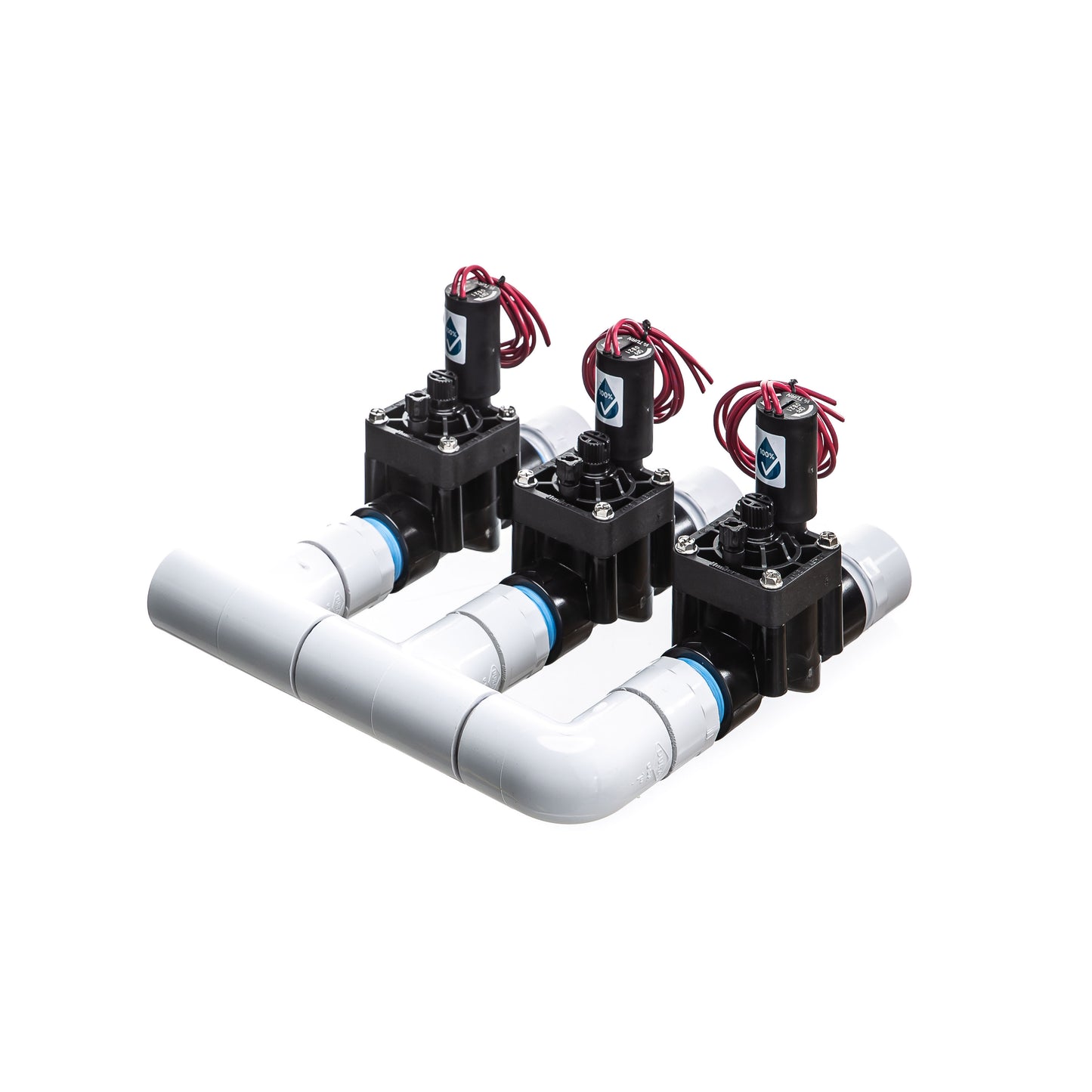 A rear view of the preassembled 3-Zone Complete Manifold with Hunter® PGV Valves with included silicone filled wire nuts.