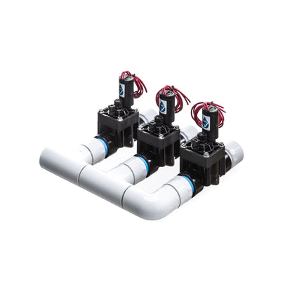 A rear view of the preassembled 3-Zone Complete Manifold with Hunter® PGV Valves with included silicone filled wire nuts.