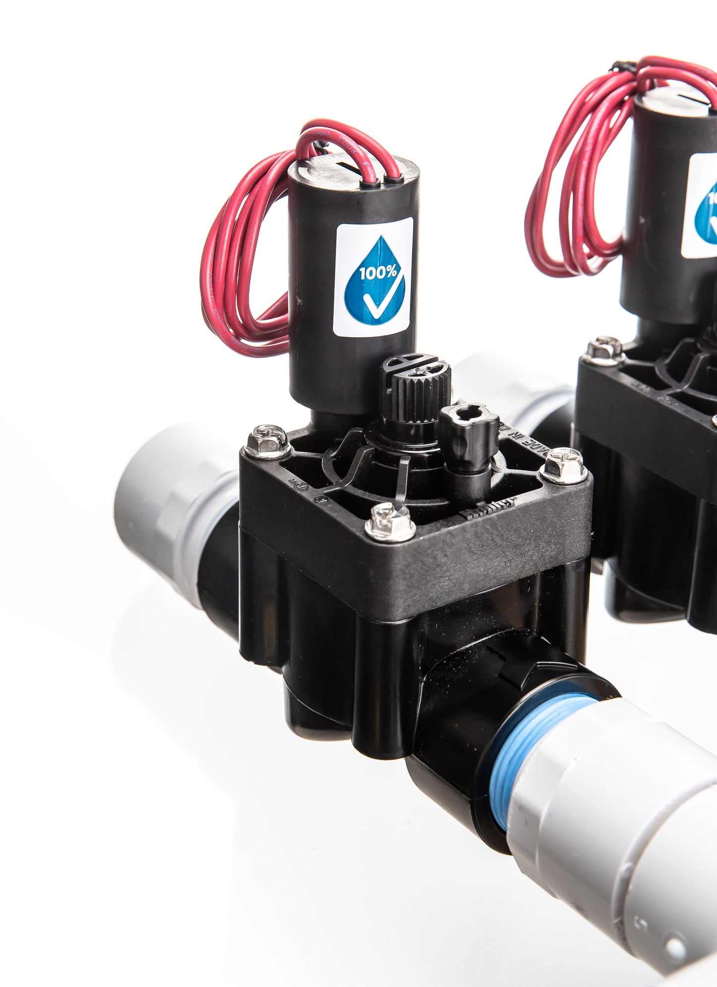 A close up view of the preassembled 3-Zone Complete Manifold with Hunter® PGV Valves with included silicone filled wire nuts.