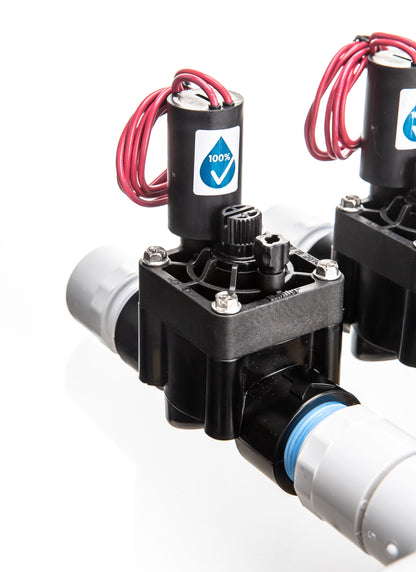 A close up view of the preassembled 3-Zone Complete Manifold with Hunter® PGV Valves with included silicone filled wire nuts.