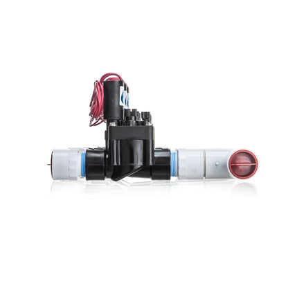 A side view of the preassembled 3-Zone Complete Manifold with Hunter® PGV Valves with included silicone filled wire nuts.